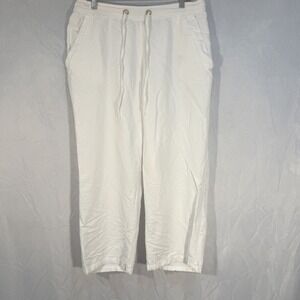 Ashley Stewart Classic Wide Leg Drawstring Linen Blend White Crop Pants S-16
